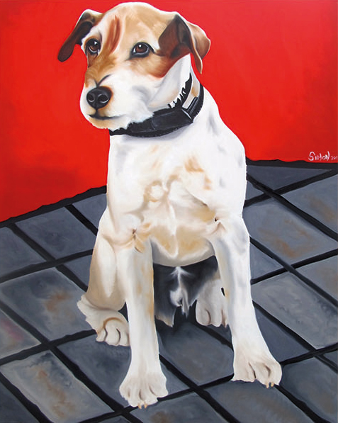 Pet portrait painting of Uggie